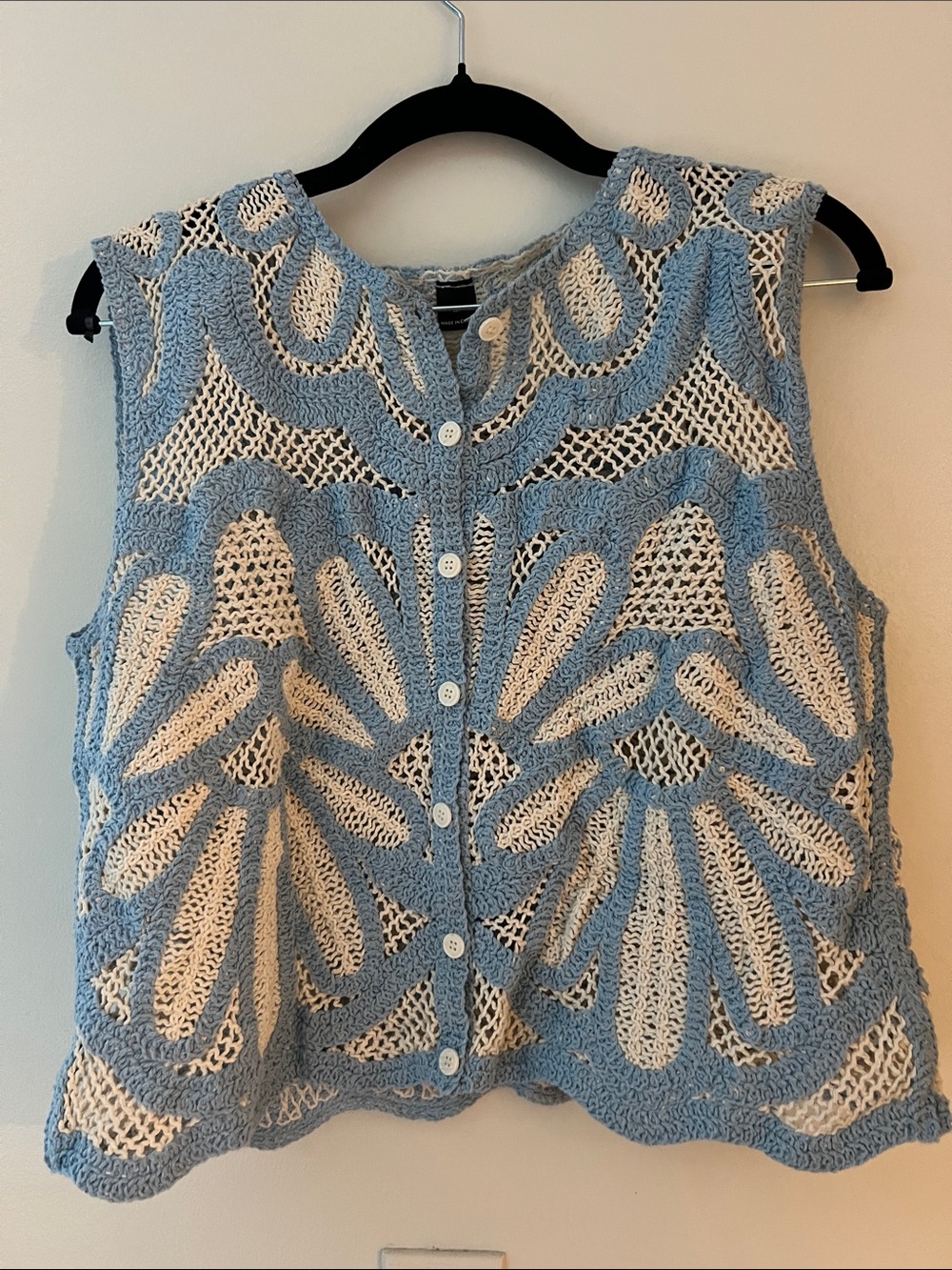 Blue and Cream Crochet Button Front Vest